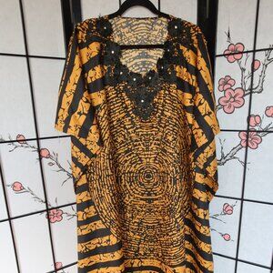 African Light Orange and Black Patterned Kaftan Bubu Gown One Size NWOT